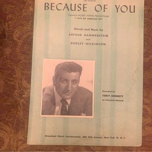 TONY BENNETT “Because of You” Sheet Music As Recorded on Columbia Record…
